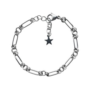 May include: A silver chain bracelet with a star charm. The chain is made of oval links and round links.