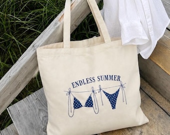 fourre-tout pour l'été sans fin | Cabas Coastal Beach | fourre-tout pour corde à linge bikini | Sac fourre-tout d'été mignon | Cadeau pour amoureux de la plage | Sac de marché réutilisable
