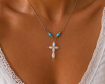 Collier croix de perles d'eau douce, accent bleu, chaîne en or PVD 18 carats