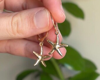 Gold Starfish Earrings | Coastal Hoop Earrings