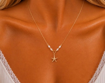 Collier étoile de mer perles d'eau douce, chaîne en or PVD 18 carats, côtier