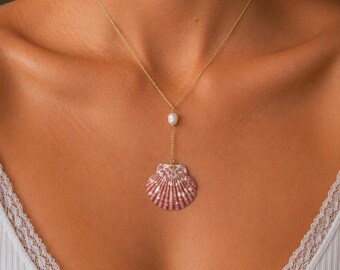 Collier lariat coquillage, gouttes de perles d'eau douce, plaqué or 14 carats