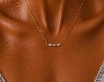 Collier barre de perles d'eau douce, chaîne plaquée or 14 carats, minimaliste