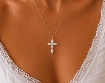 Collier croix de perles d'eau douce, chaîne plaquée or 14 carats, Dainty Christian