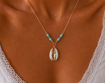 Turquoise Cowrie Shell Necklace | 18K Gold PVD Stainless Steel Coastal Necklace