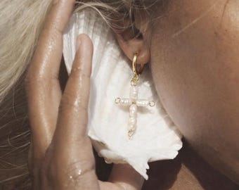 Pearl Cross Hoop Earrings | Freshwater Pearl Cross Earrings | Gold Hoop Cross Earrings | Christian Jewelry Gift for Women