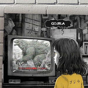 Whispering Gojira - Pintura en lienzo estilo manga