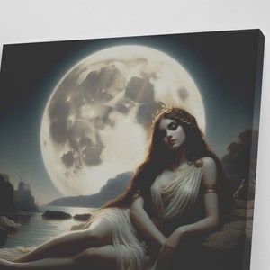 May include: A woman with long dark hair lies on a rocky shore, gazing at a full moon in the night sky. The moon is large and bright, illuminating the scene. The woman is wearing a white gown and a crown of gold.