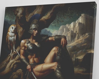 May include: A female warrior in armor sits with a spear and a white owl perched on a tree branch. The background is a dark forest with a city in the distance.