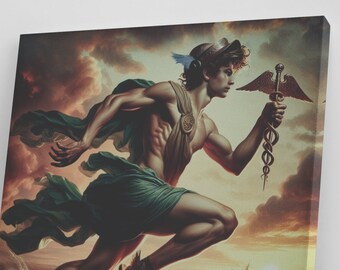 May include: A painting of a man running on water, holding a staff with a snake wrapped around it. The man is wearing a green robe and a laurel wreath. The background is a sunset sky with clouds.