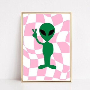 Alien checkered print | Pink checkered print, Digital download, Alien print, Outer space, Space print, Wall prints, Wall decor, Printables