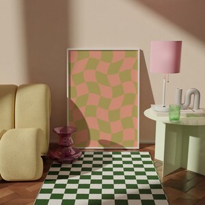 Pink and green checkers | Checkered print, Trendy wall decor, Wall print, Checkered art, Digital download, Retro, Retro print