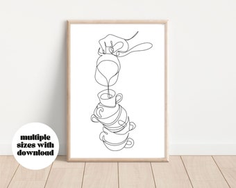May include: A black and white line drawing of a hand pouring coffee from a pot into a stack of cups.