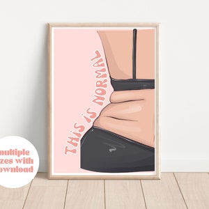Puede incluir: Una ilustración rosa y blanca de la espalda de una persona con el texto "This is normal" en letras rosas. La persona lleva ropa interior negra.
