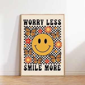 Worry less, Smile more | Retro art print, Cute print, Trendy prints, Digital print, Smiley print, Wall decor,