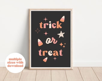 May include: A black and white printable Halloween sign with the text "trick or treat" in pink and orange letters. The sign is decorated with stars and candy corn.