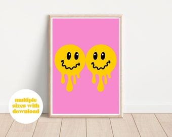 Melty smiley face | Smiley face print, Digital download, Retro smiley, smiley wall decor, Trendy wall art