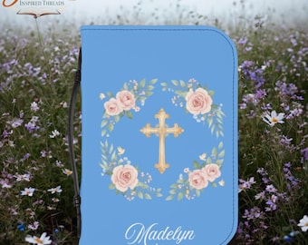 Custom Name Light Blue Leather Bible Cover | Personalized Christian Case