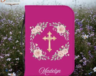 Personalized Pink Leather Bible Cover | Custom Name Christian Zippered Case