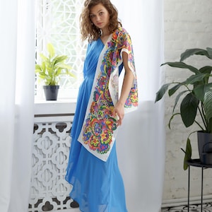 Colourful natural silk scarf, hand-painted Ukrainian Embroidery Print, Gift for her,Boho silk scarf