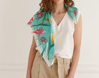 Tropical Flowers Silk Scarf: Handmade Botanical Art Shawl