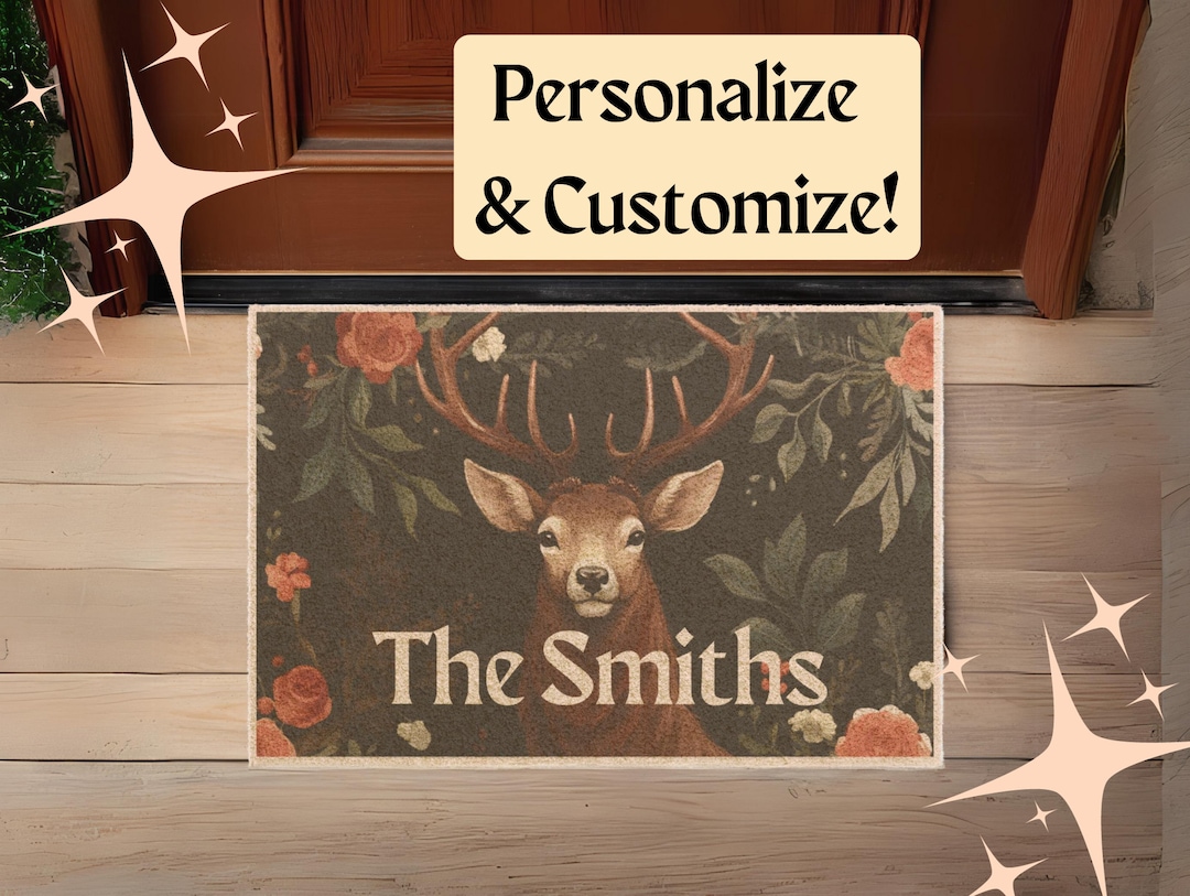 Merry & Bright Reindeer Doormat That Can Be Personalized Etsy