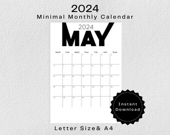 Calendario 2024 PDF stampabile / Pianificatore mensile 2024 / Download istantaneo / Formato Lettera e A4 / Calendario minimo 2024 / Calendario verticale /