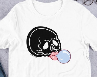 Skull With Bubblegum Lips T-shirt, Gimme a Kiss Tshirt, Funny Skull Shirt, Skull Tee, Skeleton Shirt, Humorous Skull Tee, Bella Canvas Shirt