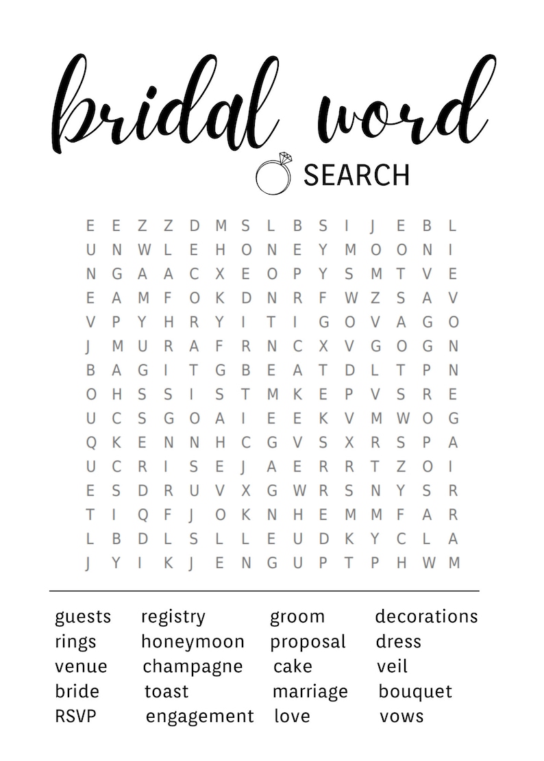 Wedding Bridal Word Search Printable Wedding Bridal Game Party Games