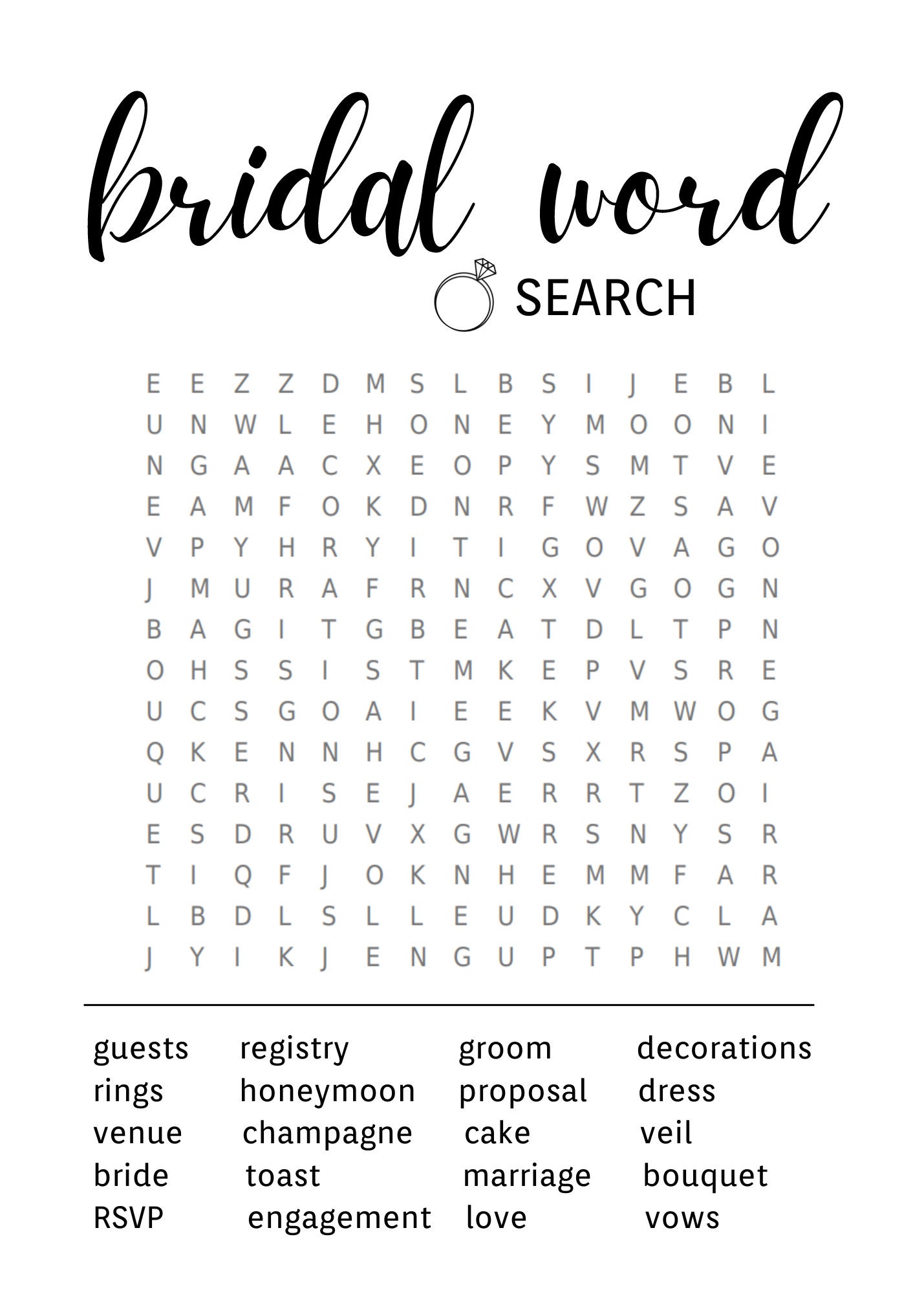 Wedding Bridal Word Search-printable Wedding Bridal Game-party Games-black & White Wedding ...
