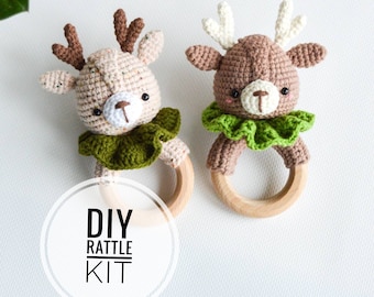 Sonajero de ganchillo de ciervo DIY, juego de kit de juguetes para bebés, regalo para amantes de amigurumi, kit de animales de ganchillo DIY, proyecto fácil de regalo hecho a mano para bebés