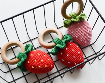 Strawberry crochet rattle, cute amigurumi fruit, Easter holiday baby gift