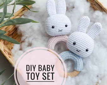 Kit de ganchillo DIY conejo Miffy sonajero bebé, regalo de amante de amigurumi DIY de ganchillo fácil, conjunto principiante de crochet de nueva mamá