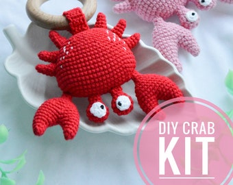 Conjunto de kit de sonajero para bebé DIY Crab, juguete amigurumi DIY de ganchillo fácil, regalo de proyecto para principiantes de crochet para nueva mamá