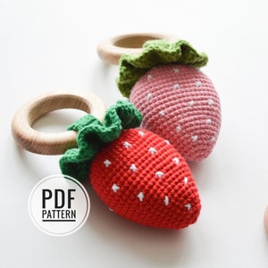 Easy crochet pattern strawberry baby rattle, English pattern PDF