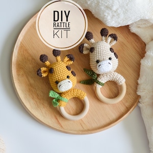 Giraffe first toy rattle DIY crochet kit set , amigurumi crochet lover gift ,new mom DIY gift, safari theme easy crochet toy rattle project