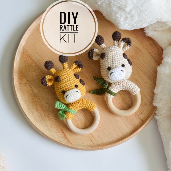 Giraffe first toy rattle DIY crochet kit set , amigurumi crochet lover gift ,new mom DIY gift, easy crochet toy rattle project