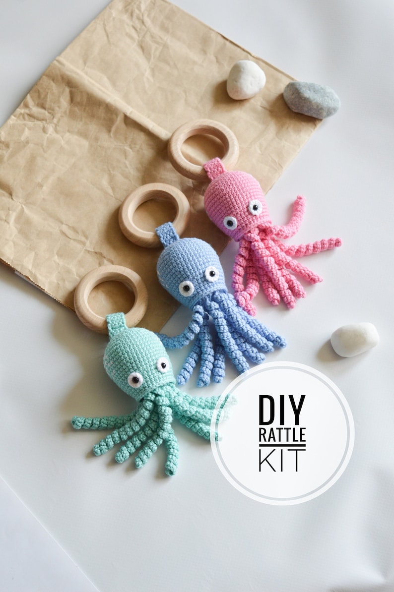 DIY Crochet Kit Baby Amigurumi Octopus First Toy Rattle Etsy