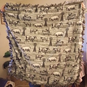 Farm animals print handmade fleece tie blanket