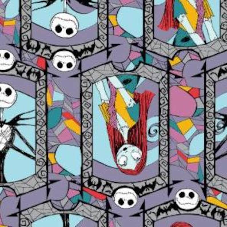 May include: A repeating pattern featuring characters and elements from "The Nightmare Before Christmas." The design includes Jack Skellington's head, Sally, and stained-glass window-like frames in a palette of black, white, teal, purple, red, and yellow.
