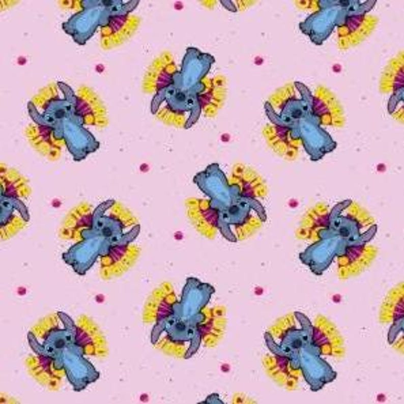 May include: A repeating pattern featuring the blue alien character Stitch from Lilo & Stitch. Each Stitch is surrounded by a yellow and purple floral design, set against a light pink background with scattered pink dots.