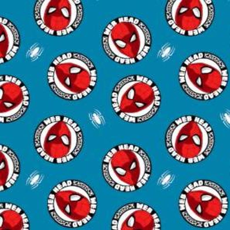 May include: A repeating pattern of Spider-Man's mask on a teal background. Each mask is red with white eyes, encircled by a white ring with the words "WEB HEAD" and a spider web design. Small white spider icons are scattered throughout.
