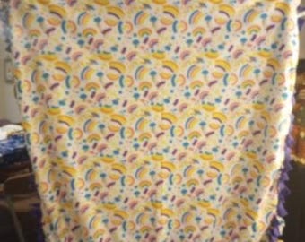 Purple rainbow print handmade fleece tie blanket