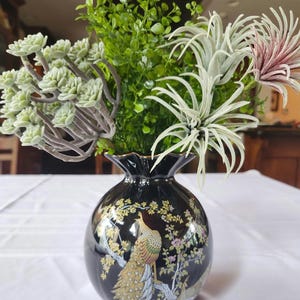 Japanese Black Porcelain Peacock Floral Vase