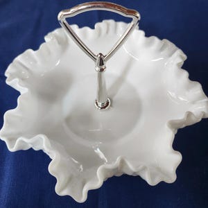 Vintage Fenton White Milk Glass Hoonail Candy Dish with Handle