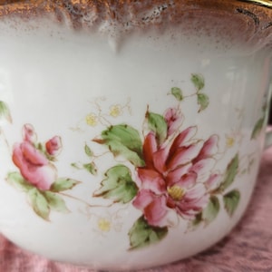 May include: White ceramic cup with a gold rim and handle, adorned with hand-painted pink roses and green leaves. The cup has a wide opening and a decorative floral design, perfect for serving beverages.