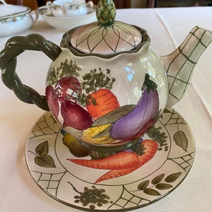 Pacific Rim Hand-painted Fruit/Vegetable Teapot with Plate