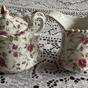 Vintage Lefton Hand Painted Rose China Cream and Sugar Set