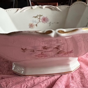 May include: A white and pink porcelain serving bowl with a scalloped rim and a pedestal base. The bowl is decorated with floral and gold accents. The bowl is approximately 12 inches wide and 5 inches tall.