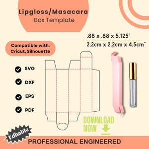 May include: A printable template for a lip gloss or mascara box, measuring 0.88 inches by 0.88 inches by 5.125 inches. The template is compatible with Cricut and Silhouette cutting machines. The template is shown in black and white with red dashed lines. The template is labeled with the text "Download Now".